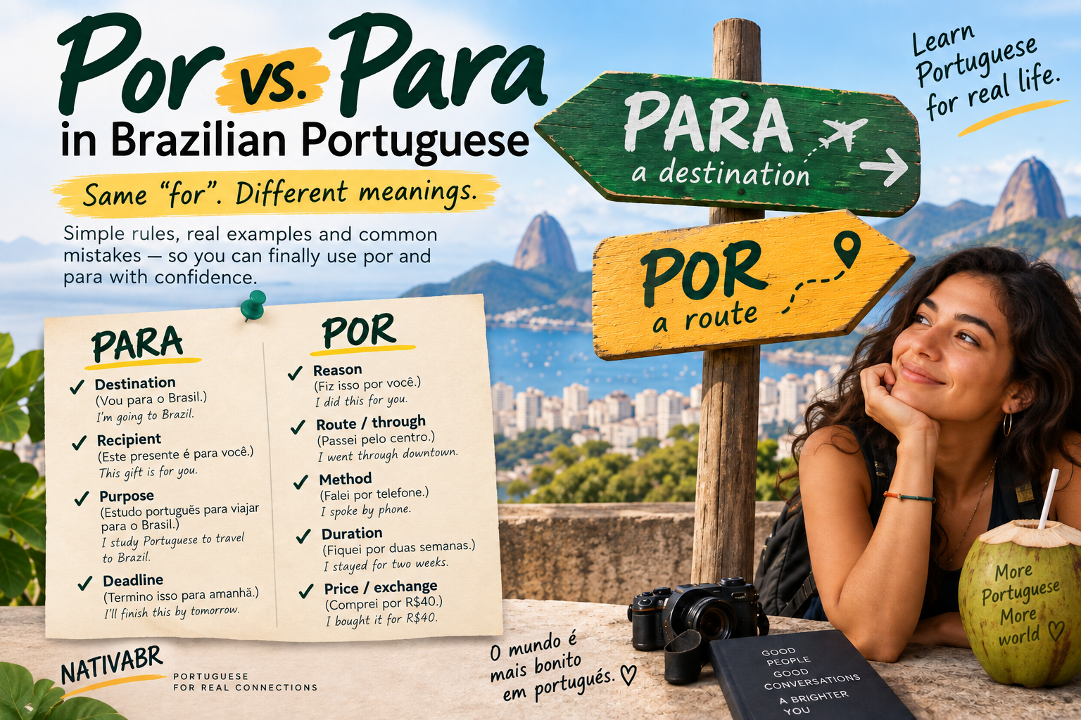 Por vs. Para in Brazilian Portuguese explained with examples of destination, purpose, reason, route, duration and price.